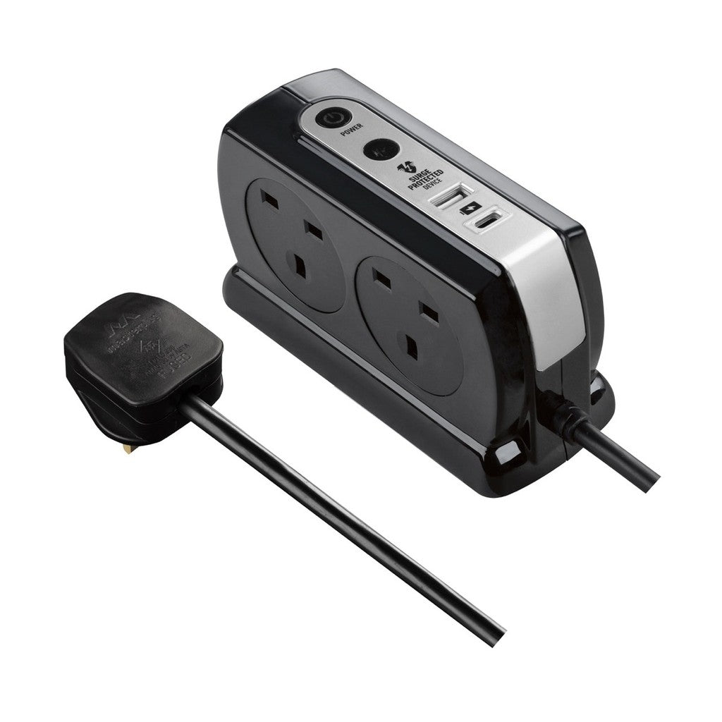 Masterplug Back-To-Back 4 Socket 2M Surge+Switched Extension Lead with USB A+C -SRGDSUAC2042PB