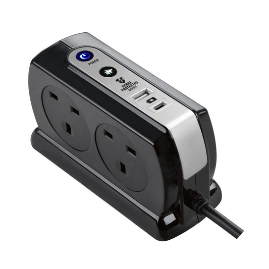 Masterplug Back-To-Back 4 Socket 2M Surge+Switched Extension Lead with USB A+C -SRGDSUAC2042PB