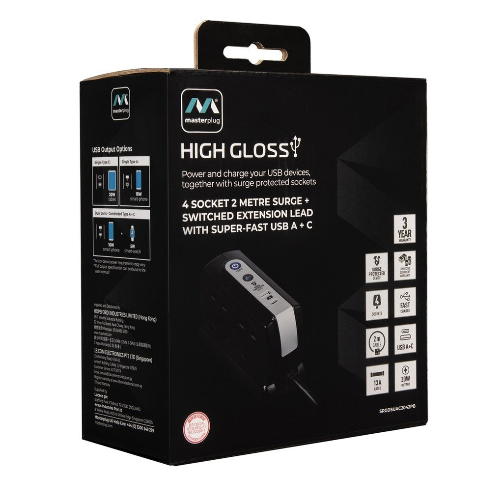 Masterplug Back-To-Back 4 Socket 2M Surge+Switched Extension Lead with USB A+C -SRGDSUAC2042PB