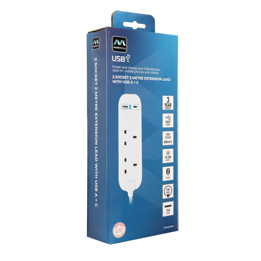 Masterplug 2 Socket 2M Extension Lead With 10.5W USB A+C (BTGUAC102N)