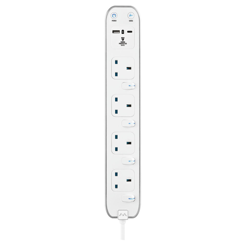 Masterplug 4-Socket Surge+Switched 3M Extension Lead with USB A+C (SWSRGUAC2042PW/2043PB)