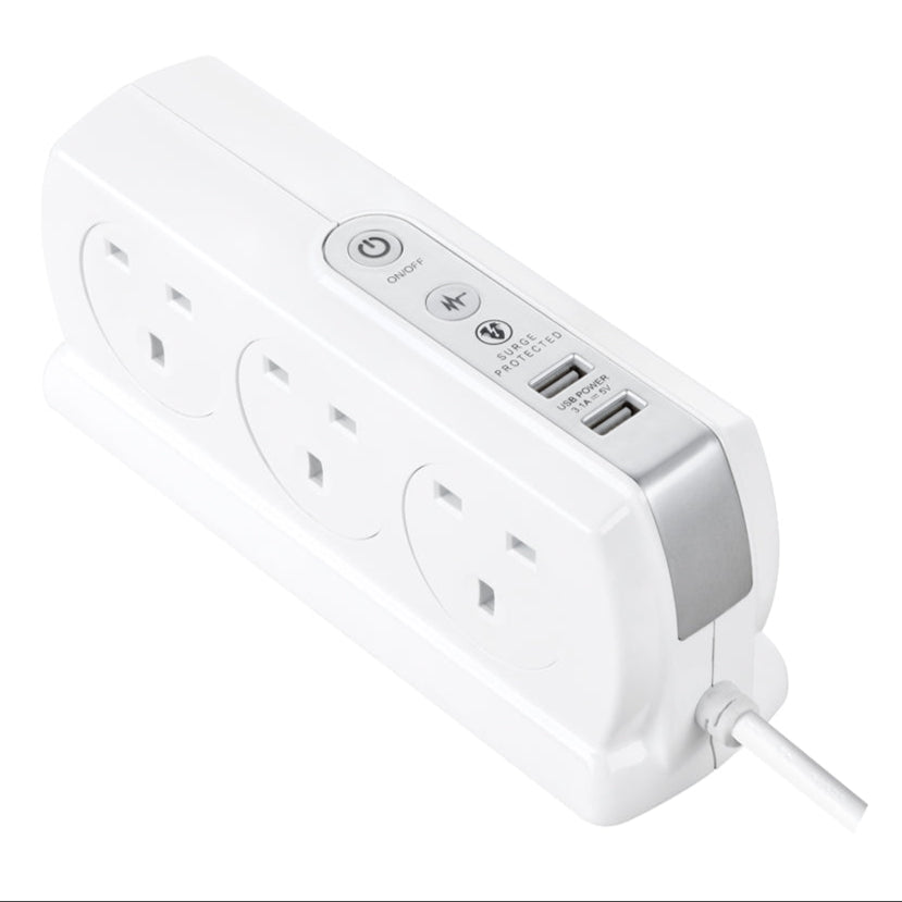 Masterplug Surge Compact Back-to-Back 6 Sockets USB Extension Lead 3 meter Black/ White (SRGDSU63PB)