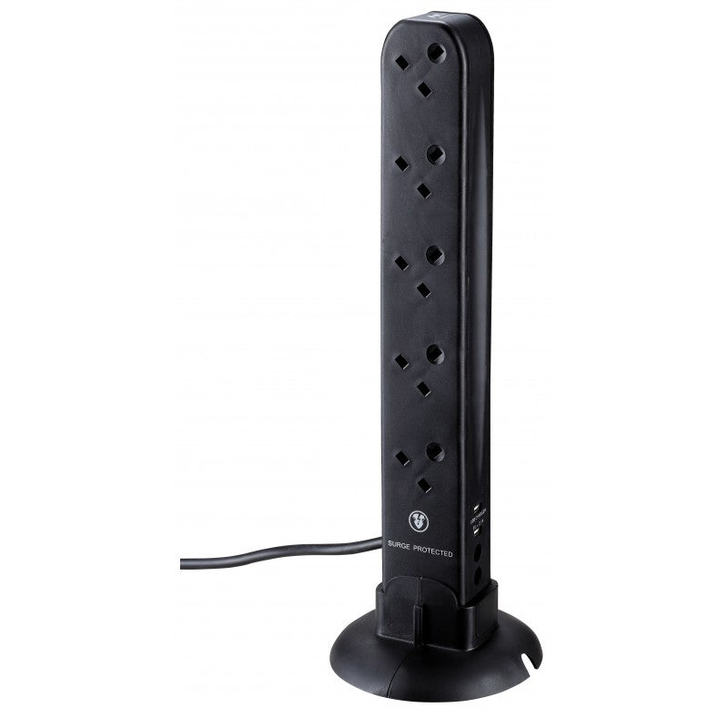 Masterplug Surge Protected 10 Sockets Tower Extension Leads 2 meter Black (SRGU102B)