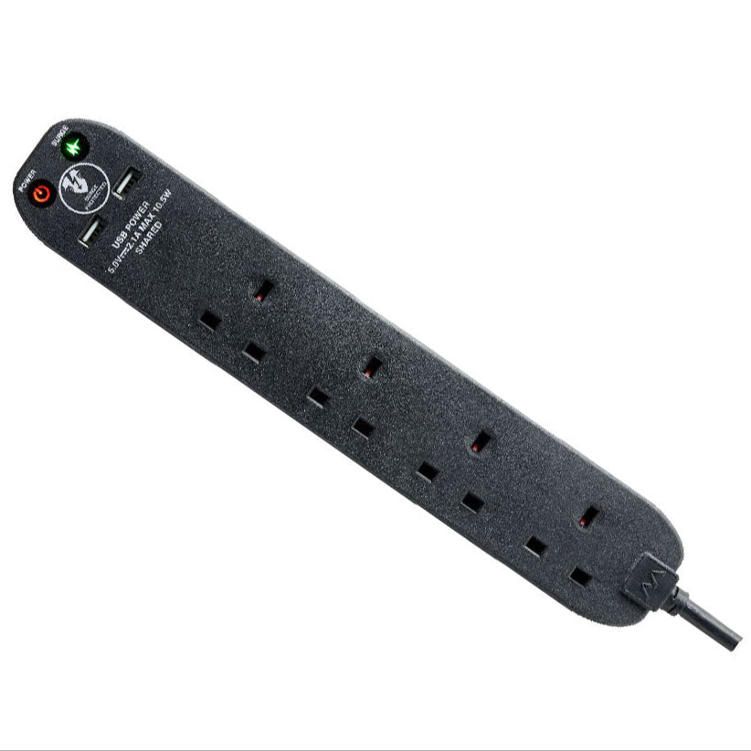 Masterplug Surge Extension Lead 4 Sockets with 2xUSB 2 meter Black/ White (SRGU42N)