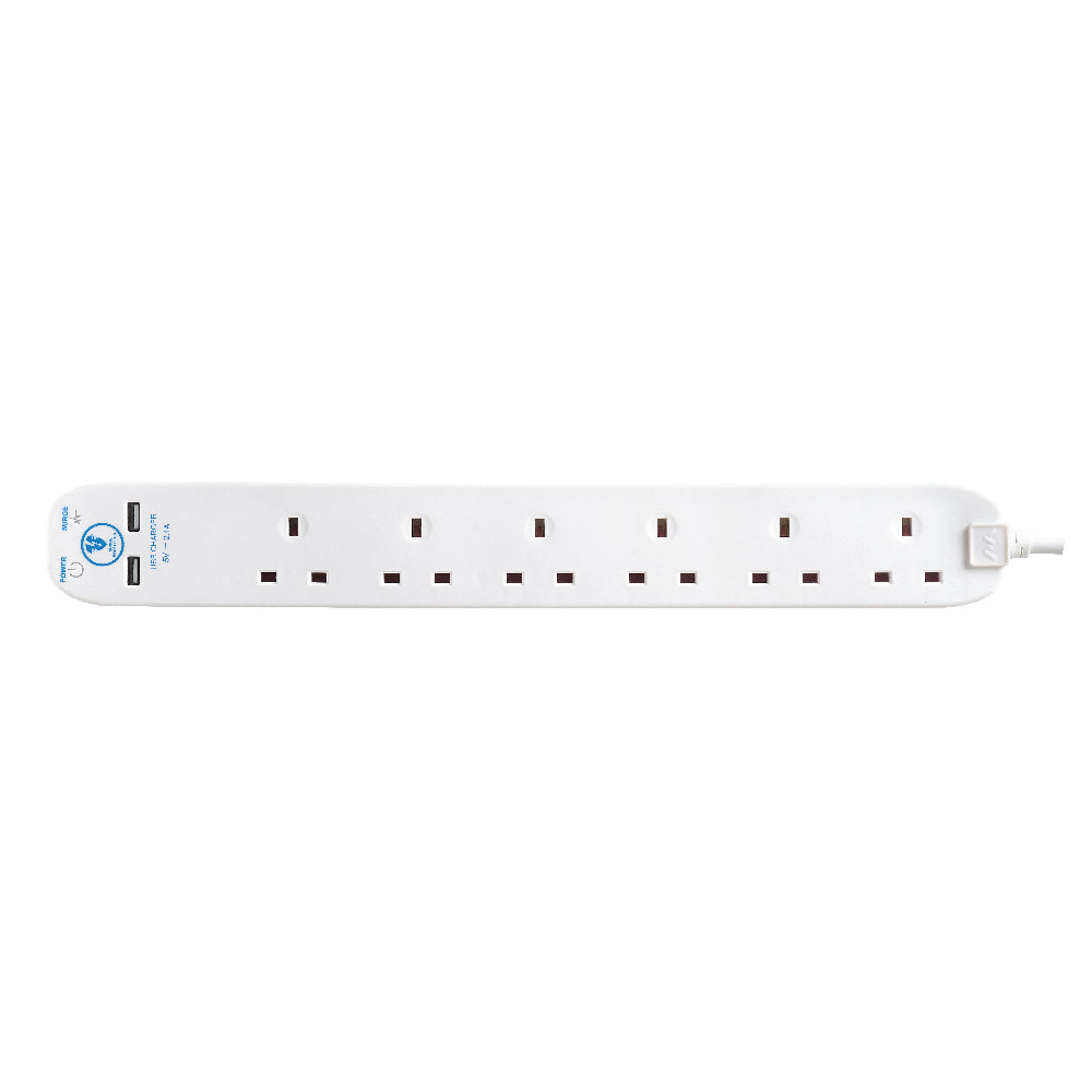 Masterplug Surge Extension Lead 6 Sockets with 2xUSB 2 meter Black/ White (SRGU62N)