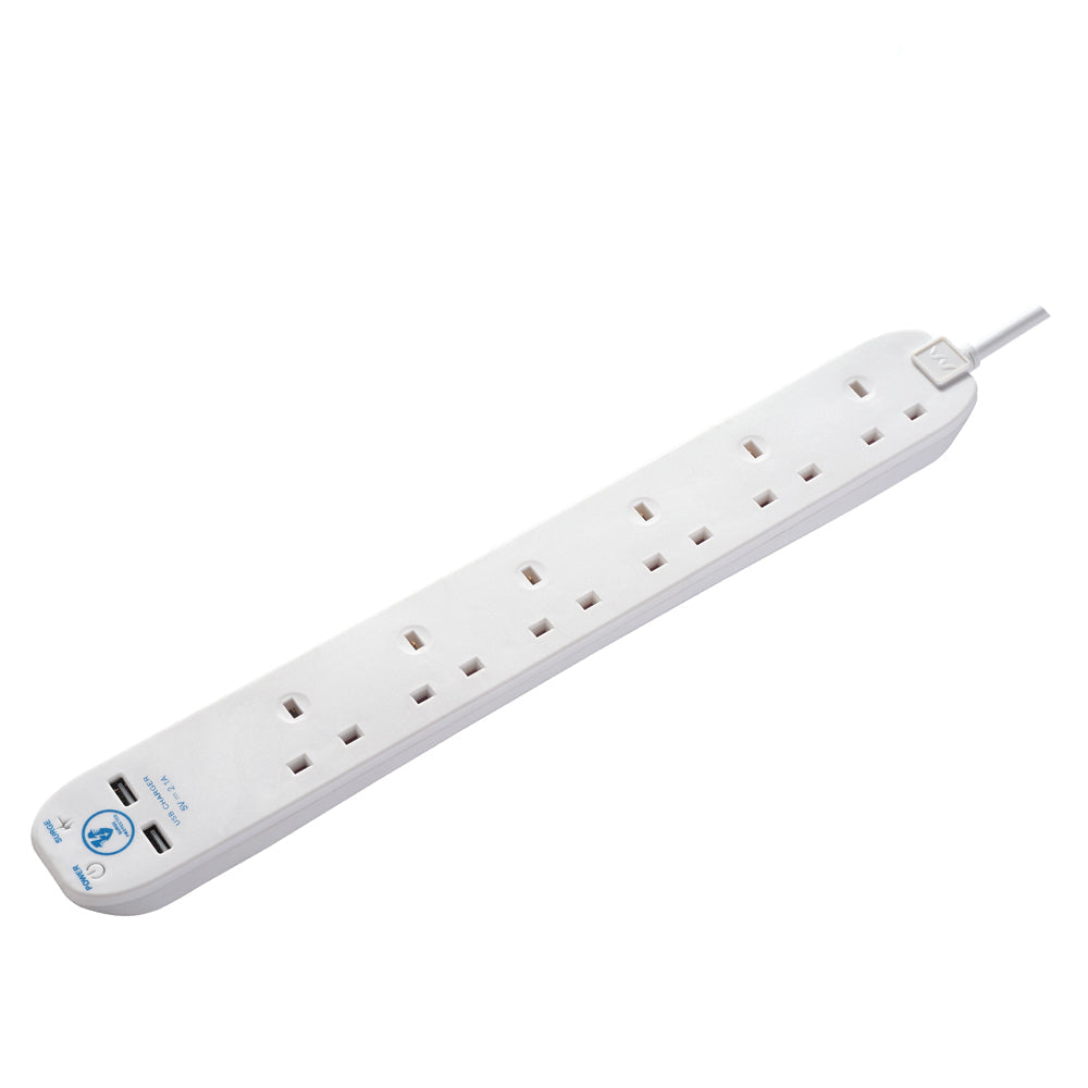 Masterplug Surge Extension Lead 6 Sockets with 2xUSB 2 meter Black/ White (SRGU62N)