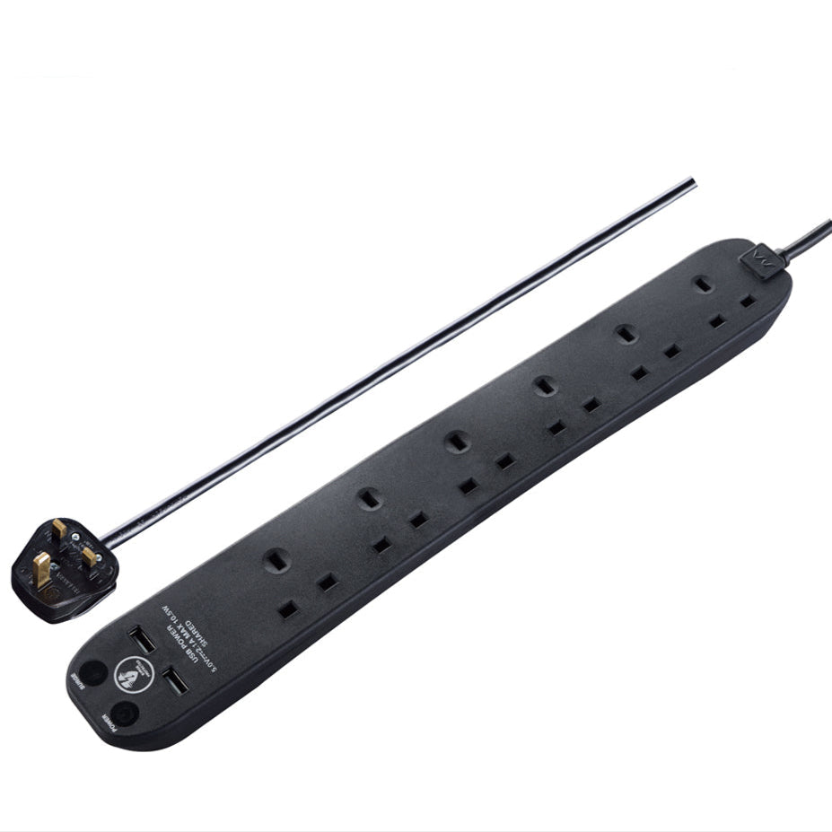 Masterplug Surge Extension Lead 6 Sockets with 2xUSB 2 meter Black/ White (SRGU62N)