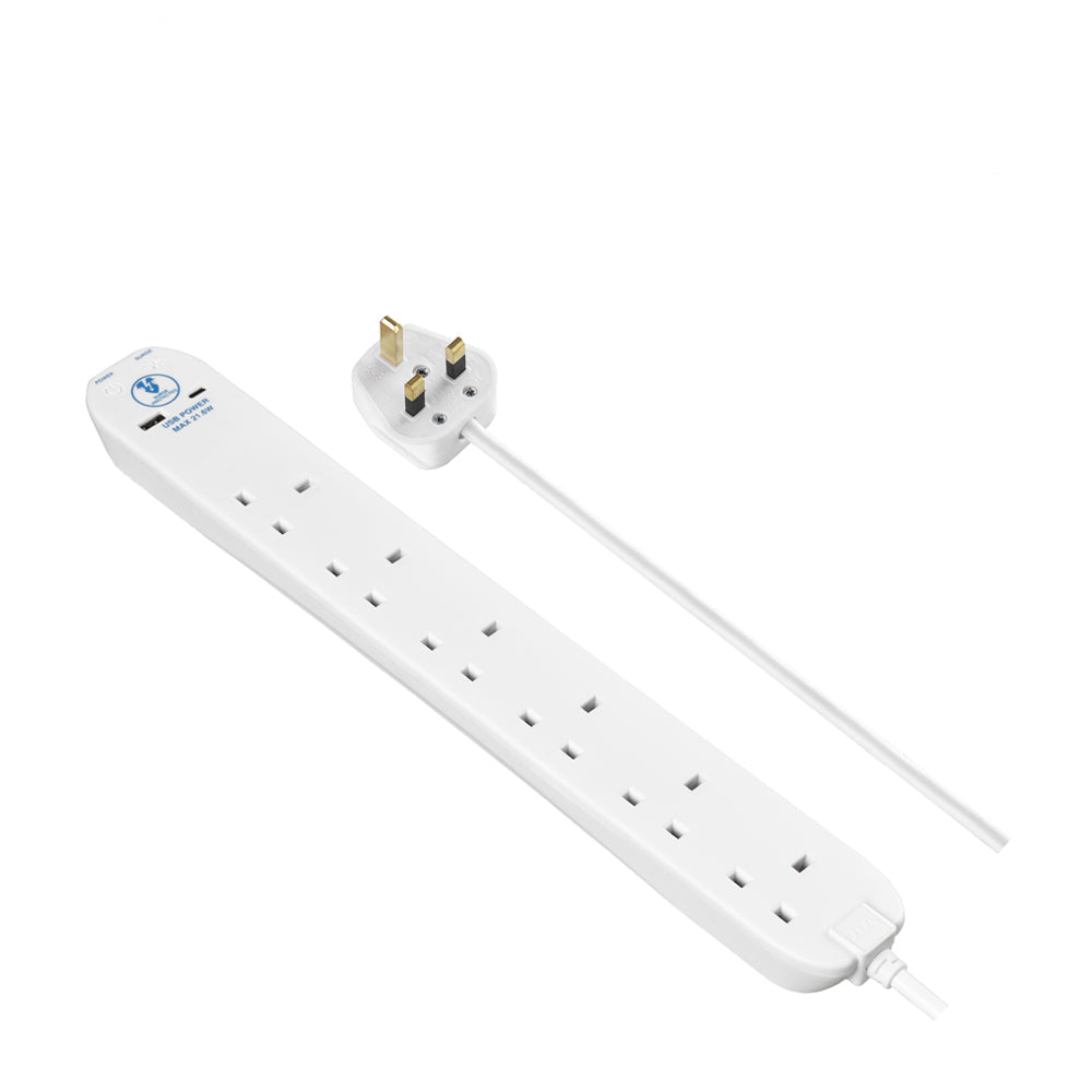 Masterplug Surge Extension Lead Fast Charge USB A&C 6 Sockets 2 meter Black/ White (SRGUAC2262N)