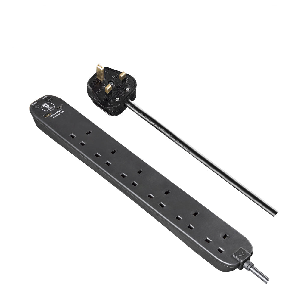 Masterplug Surge Extension Lead Fast Charge USB A&C 6 Sockets 2 meter Black/ White (SRGUAC2262N)