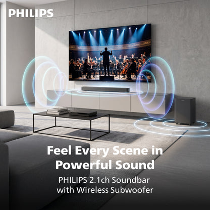 Philips 2.1 Channel Soundbar with Wireless Subwoofer - 260W Max Power, 6.5" Deep-Bass Sub, Bluetooth 5.4, HDMI ARC, Wall Mountable (TAB5500)