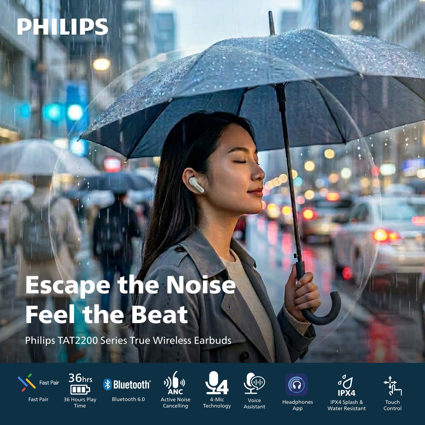 Philips True Wireless Earbuds | Active Noise Canceling, 4-Mic Clear Calls, Bluetooth 6.0, 36-Hour Battery & IPX4 Sweat Resistance (TAT2200)