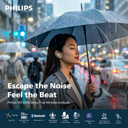 Philips True Wireless Earbuds | Active Noise Canceling, 4-Mic Clear Calls, Bluetooth 6.0, 36-Hour Battery & IPX4 Sweat Resistance (TAT2200)