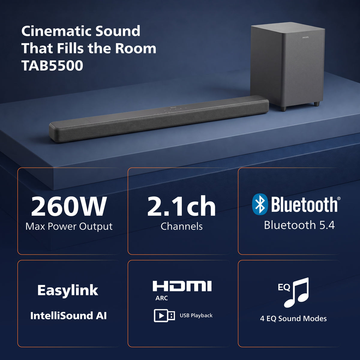 Philips 2.1 Channel Soundbar with Wireless Subwoofer - 260W Max Power, 6.5" Deep-Bass Sub, Bluetooth 5.4, HDMI ARC, Wall Mountable (TAB5500)