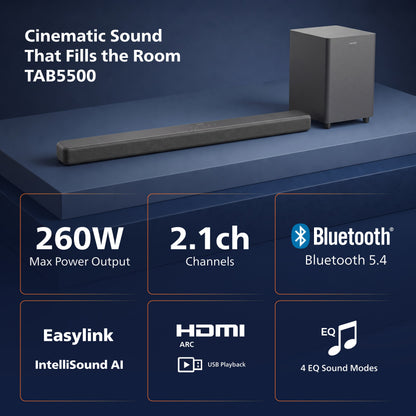 Philips 2.1 Channel Soundbar with Wireless Subwoofer - 260W Max Power, 6.5" Deep-Bass Sub, Bluetooth 5.4, HDMI ARC, Wall Mountable (TAB5500)
