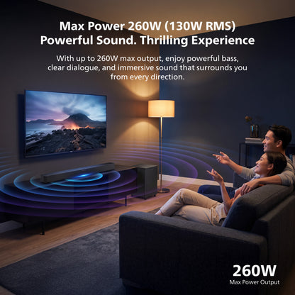 Philips 2.1 Channel Soundbar with Wireless Subwoofer - 260W Max Power, 6.5" Deep-Bass Sub, Bluetooth 5.4, HDMI ARC, Wall Mountable (TAB5500)