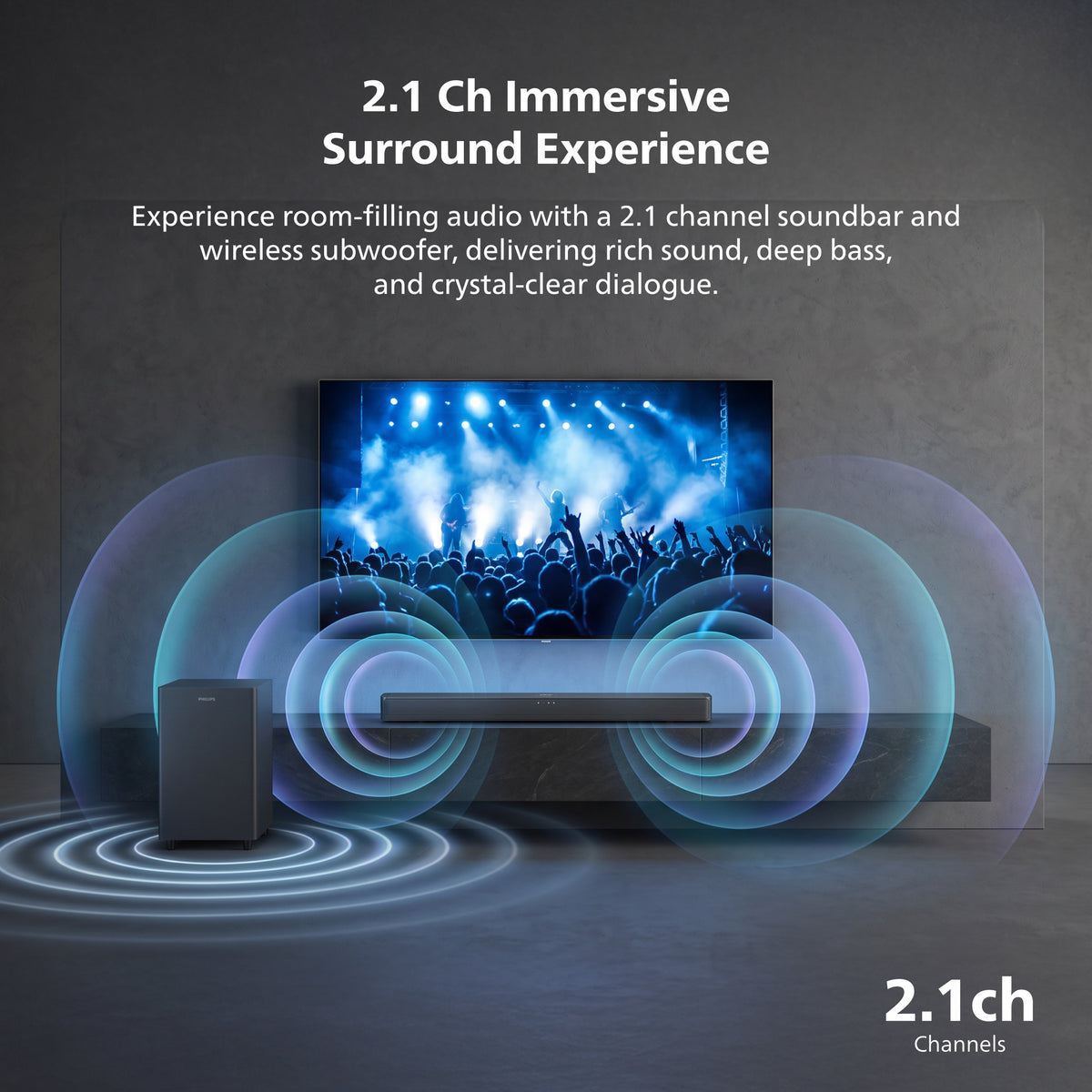 Philips 2.1 Channel Soundbar with Wireless Subwoofer - 260W Max Power, 6.5" Deep-Bass Sub, Bluetooth 5.4, HDMI ARC, Wall Mountable (TAB5500)