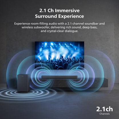 Philips 2.1 Channel Soundbar with Wireless Subwoofer - 260W Max Power, 6.5" Deep-Bass Sub, Bluetooth 5.4, HDMI ARC, Wall Mountable (TAB5500)
