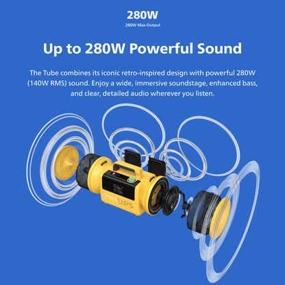 Philips The Tube Wireless Portable Speaker – 280W Max Stereo, IP67 Waterproof, 24H Playtime & LED Lights (TAMS80Y)
