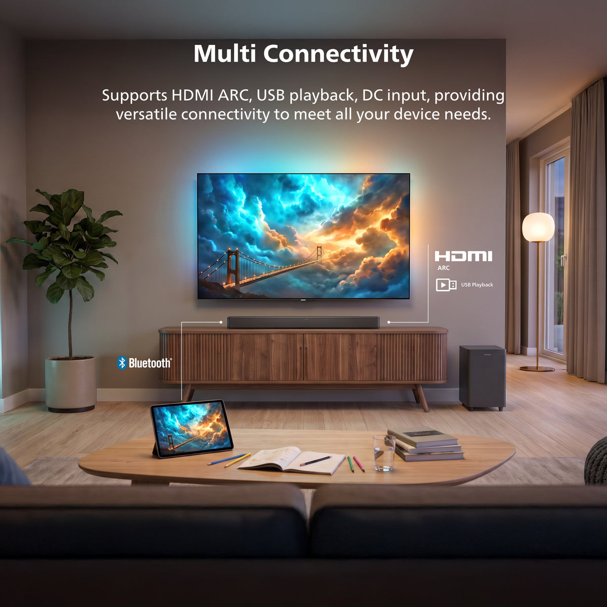 Philips 2.1 Channel Soundbar with Wireless Subwoofer - 260W Max Power, 6.5" Deep-Bass Sub, Bluetooth 5.4, HDMI ARC, Wall Mountable (TAB5500)
