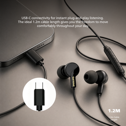 Philips Type-C Wired Earbuds – Noise-Isolating In-Ear Earphones with Volume Control and Hands-Free Mic for USB-C Devices (TAE3130)