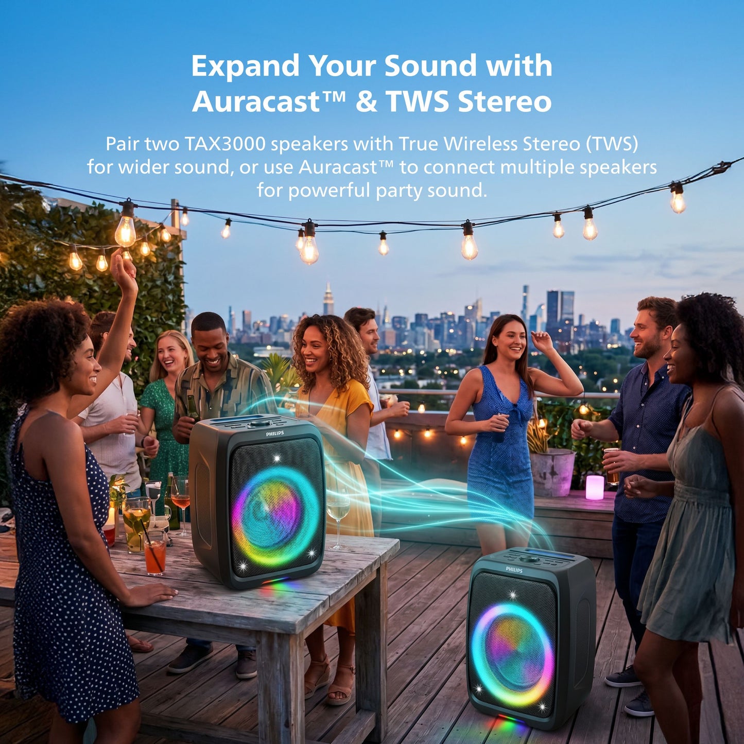 Philips Wireless Karaoke Party Speaker – Loud 120W Outdoor Speaker with Beat-Synced RGB Lights and App Control (TAX3000)