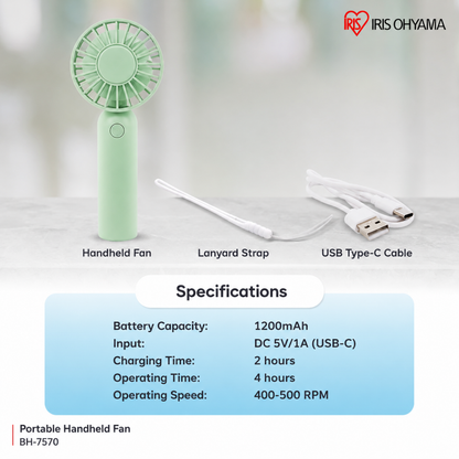 IRIS OHYAMA Handy Portable Fan Mini Handheld Fan 3 Wind Speed Levels USB Type-C Rechargeable (BH-7570)