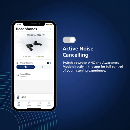 Philips True Wireless Earbuds | Active Noise Canceling, 4-Mic Clear Calls, Bluetooth 6.0, 36-Hour Battery & IPX4 Sweat Resistance (TAT2200)