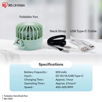 IRIS OHYAMA Mini Handy Foldable Fan USB Rechargeable Portable Handheld Fan 3 Wind Speeds White/Green (BH-7598)