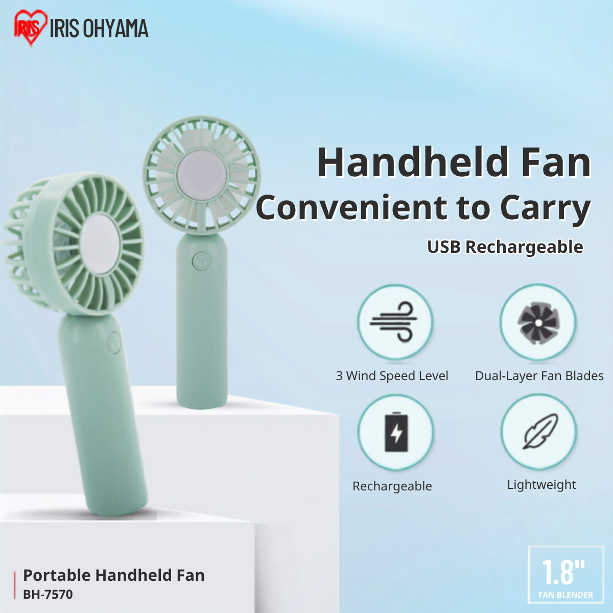 IRIS OHYAMA Handy Portable Fan Mini Handheld Fan 3 Wind Speed Levels USB Type-C Rechargeable (BH-7570)