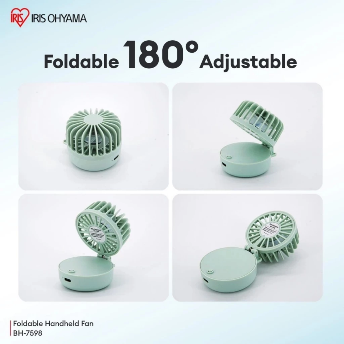 IRIS OHYAMA Mini Handy Foldable Fan USB Rechargeable Portable Handheld Fan 3 Wind Speeds White/Green (BH-7598)