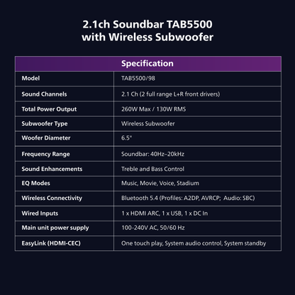 Philips 2.1 Channel Soundbar with Wireless Subwoofer - 260W Max Power, 6.5" Deep-Bass Sub, Bluetooth 5.4, HDMI ARC, Wall Mountable (TAB5500)