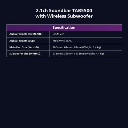 Philips 2.1 Channel Soundbar with Wireless Subwoofer - 260W Max Power, 6.5" Deep-Bass Sub, Bluetooth 5.4, HDMI ARC, Wall Mountable (TAB5500)