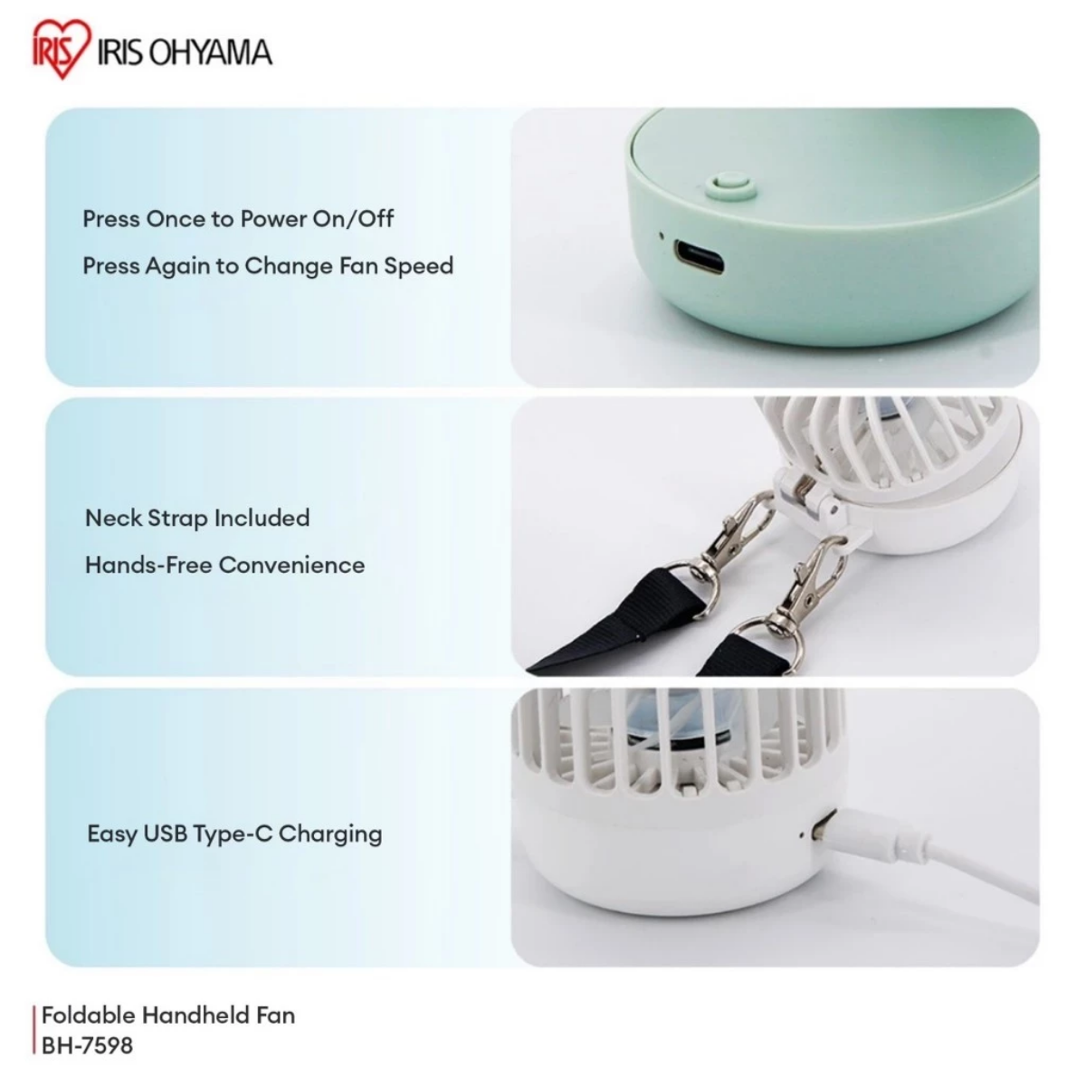 IRIS OHYAMA Mini Handy Foldable Fan USB Rechargeable Portable Handheld Fan 3 Wind Speeds White/Green (BH-7598)