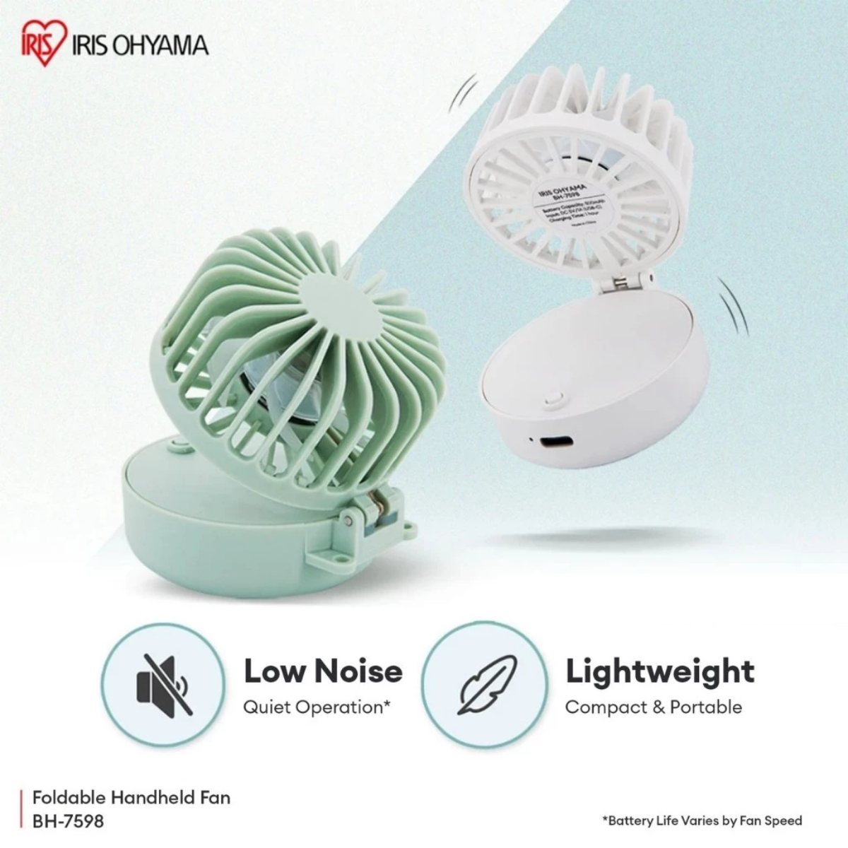 IRIS OHYAMA Mini Handy Foldable Fan USB Rechargeable Portable Handheld Fan 3 Wind Speeds White/Green (BH-7598)