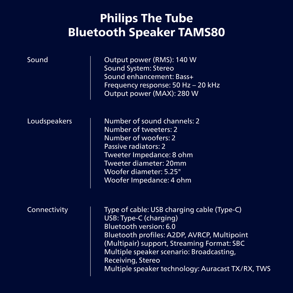 Philips The Tube Wireless Portable Speaker – 280W Max Stereo, IP67 Waterproof, 24H Playtime & LED Lights (TAMS80Y)