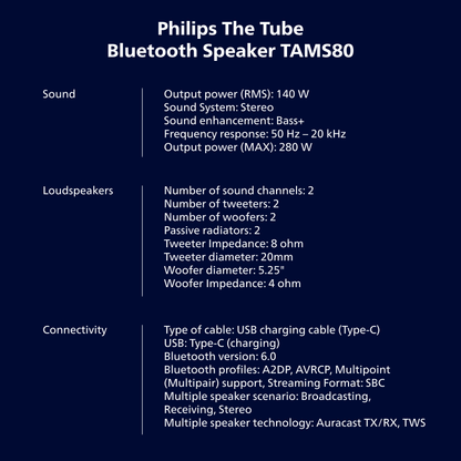 Philips The Tube Wireless Portable Speaker – 280W Max Stereo, IP67 Waterproof, 24H Playtime & LED Lights (TAMS80Y)