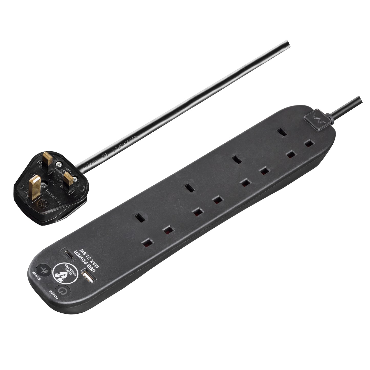 Masterplug Surge Extension Lead Fast Charge USB A&C 4 Sockets 2 meter Black/ White (SRGUAC2242N)