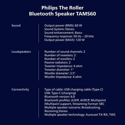 Philips Portable Waterproof Bluetooth Speaker The Tube (TAMS60)