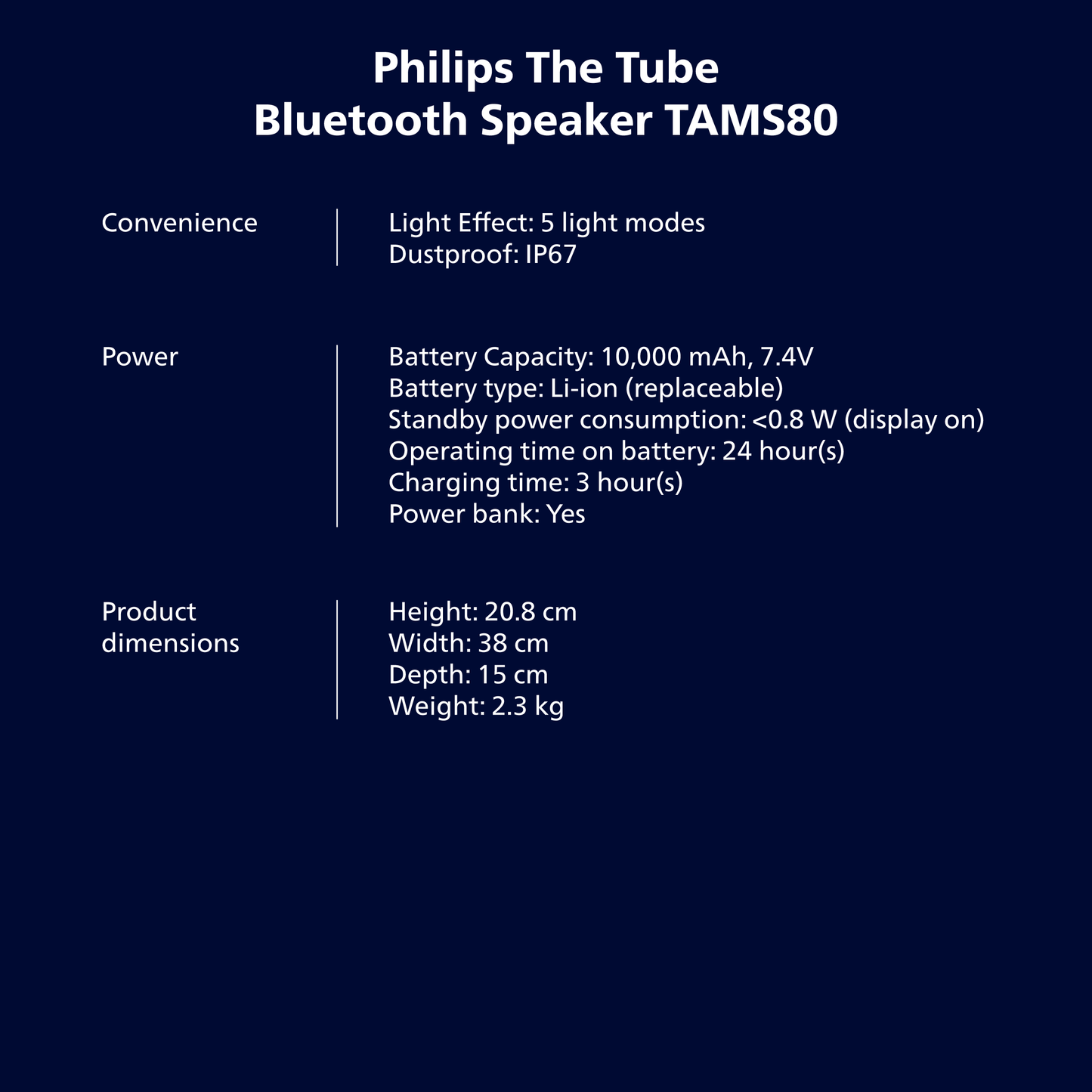 Philips The Tube Wireless Portable Speaker – 280W Max Stereo, IP67 Waterproof, 24H Playtime & LED Lights (TAMS80Y)