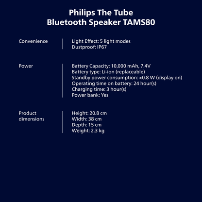 Philips The Tube Wireless Portable Speaker – 280W Max Stereo, IP67 Waterproof, 24H Playtime & LED Lights (TAMS80Y)