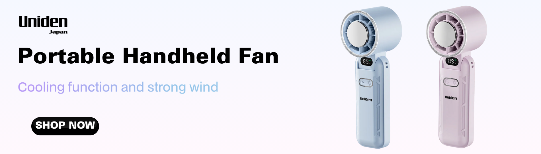 Uniden portable handheld fan with cooling function and strong wind on a white background