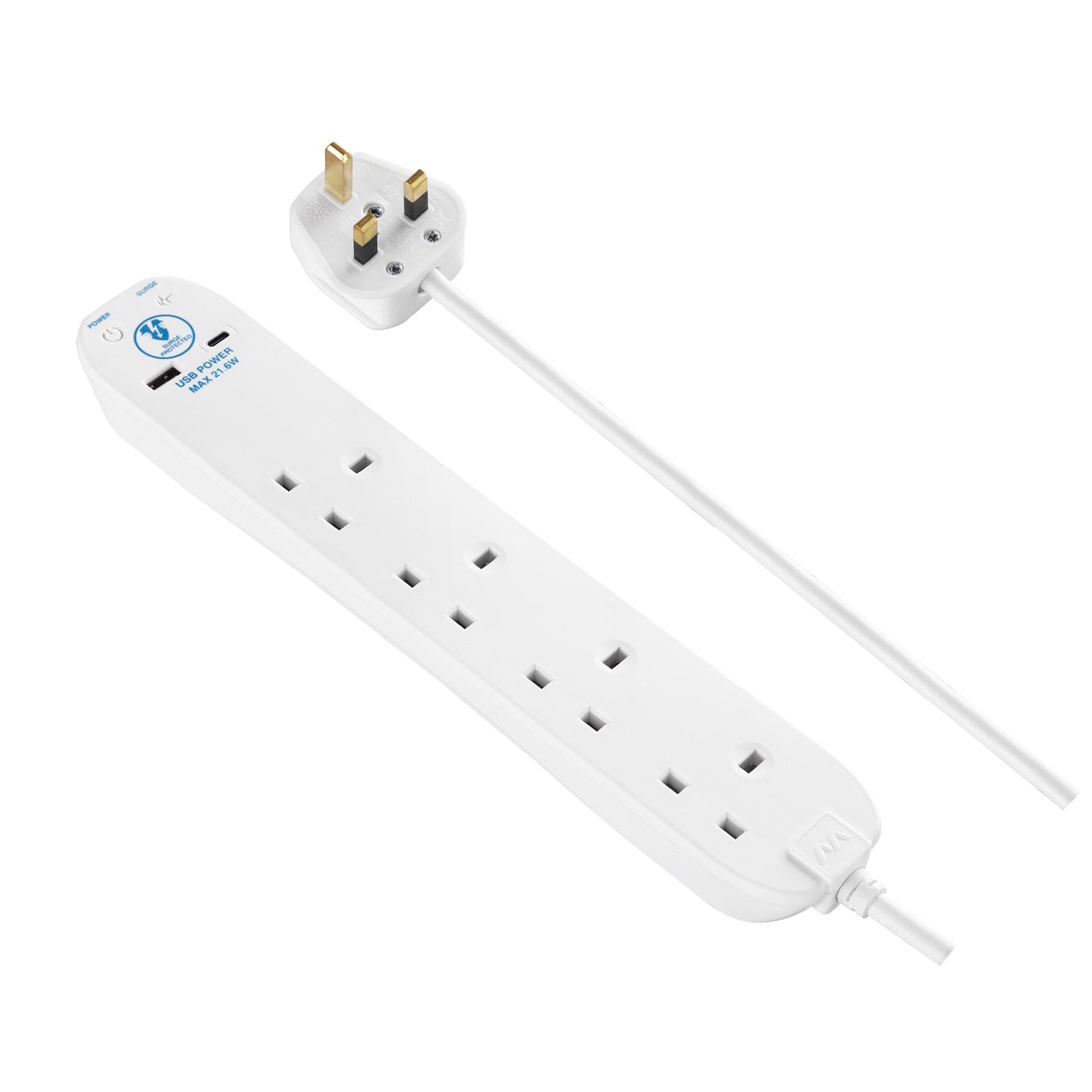 Masterplug Surge Extension Lead Fast Charge USB A&C 4 Sockets 2 meter Black/ White (SRGUAC2242N)