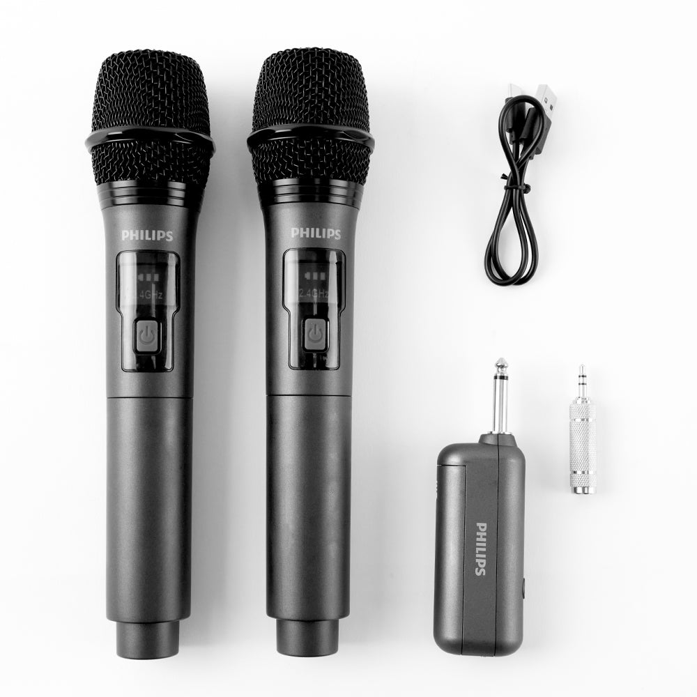 Philips Wireless Karaoke & Party Microphone Set – 2.4GHz Transmission with 4-Level Gain Control (DLM3401)