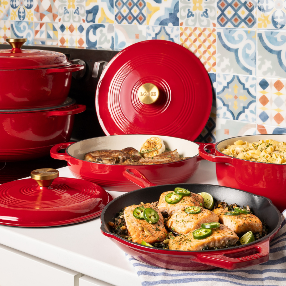 Lodge 3.6 Quart Red Enameled Cast Iron Braiser with Gold Knob