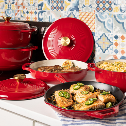 Lodge 3.6 Quart Red Enameled Cast Iron Braiser with Gold Knob