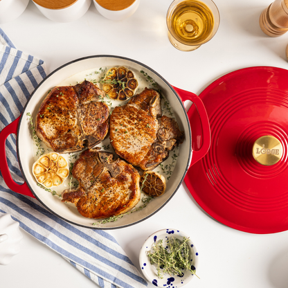 Lodge 3.6 Quart Red Enameled Cast Iron Braiser with Gold Knob