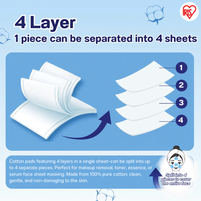 IRIS OHYAMA 4-Layer Less Toner Cotton Pads 80pcs 100% Japanese Cotton Toner-Saving Facial Cotton Pads (COT-4L)