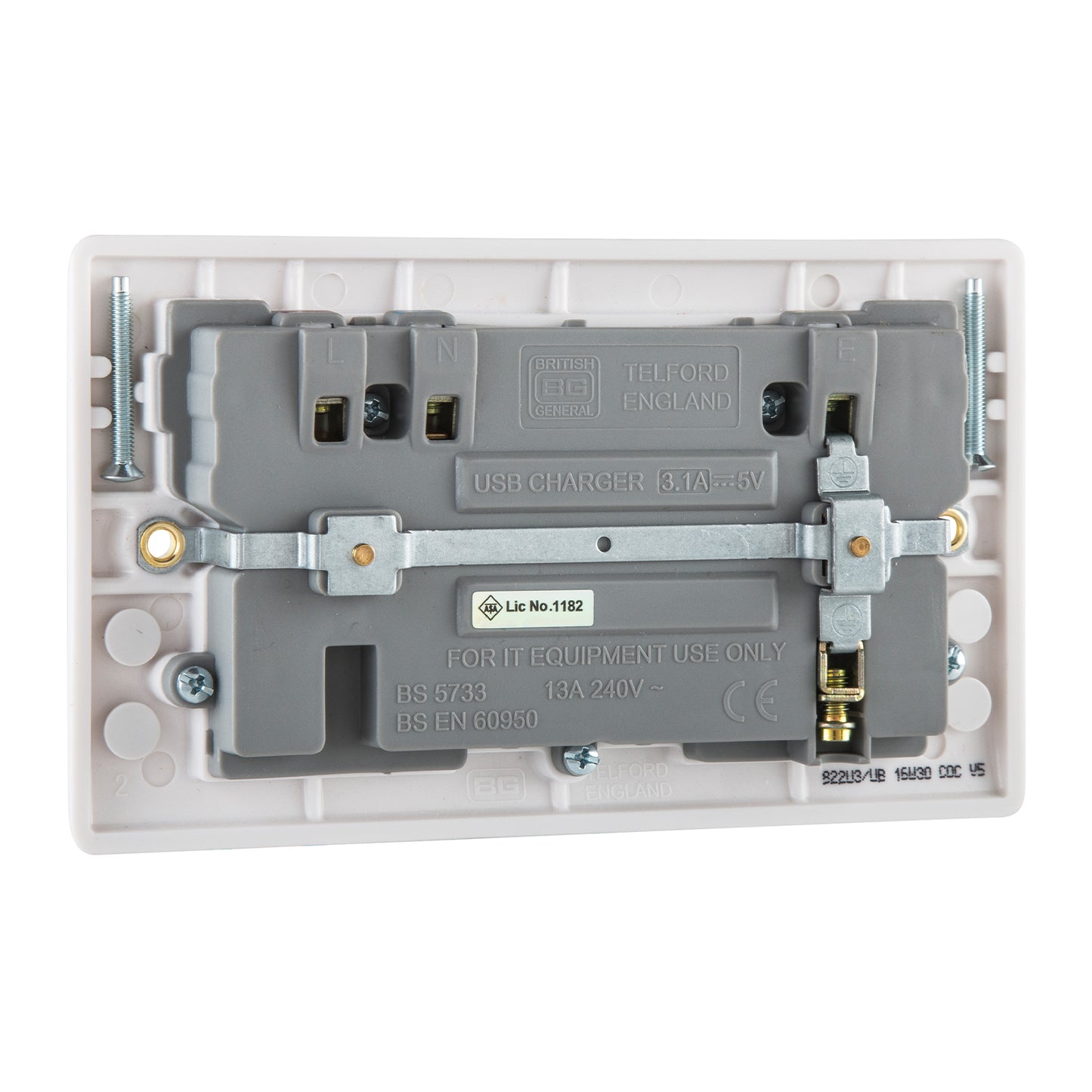 British General BG Moulded 13 Amp Power Double Socket with USB Charger, White (822U3)