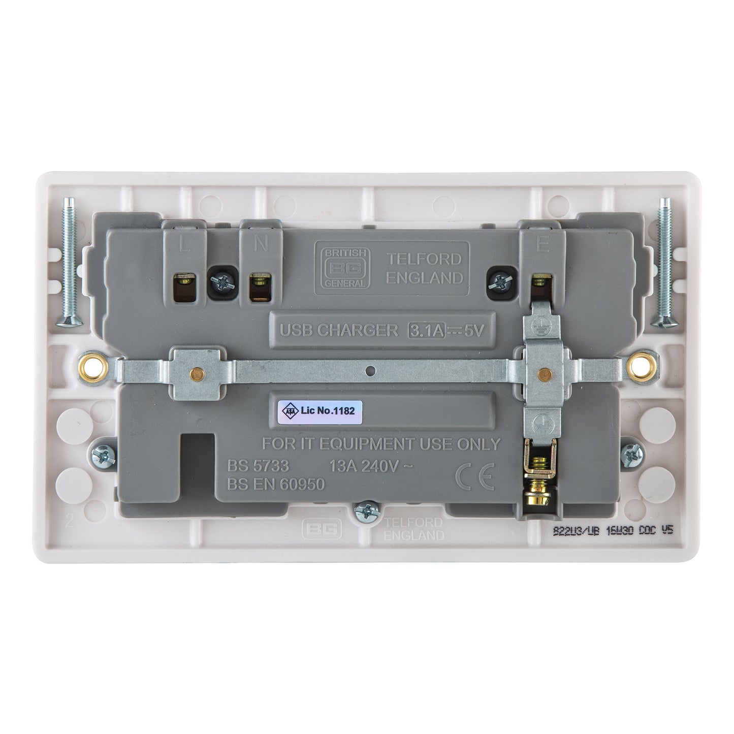 British General BG Moulded 13 Amp Power Double Socket with USB Charger, White (822U3)