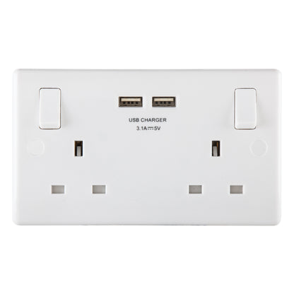 British General BG Moulded 13 Amp Power Double Socket with USB Charger, White (822U3)